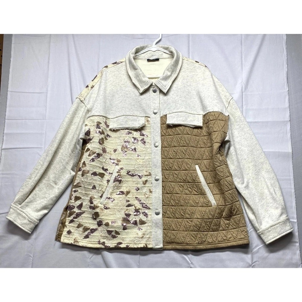 Miss Me Sequin Quilted Jacket Womens Large Multicolor Cotton Stretch Collared